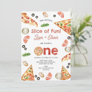Vintage Red Twins Pizza Slice Of Fun 1st Birthday Invitation
