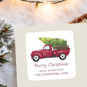 Vintage Red Watercolor Christmas Truck  Square Sticker