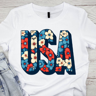 Vintage Red, White, and Blue Floral USA T-Shirt