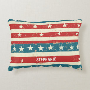Vintage Red, White & Blue Stripes with Stars Accent Pillow