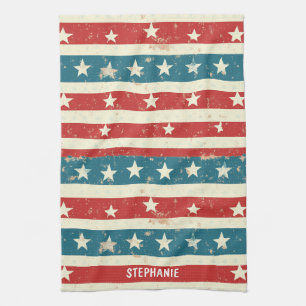 Vintage Red, White & Blue Stripes with Stars Kitchen Towel