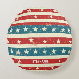 Vintage Red, White & Blue Stripes with Stars Round Pillow