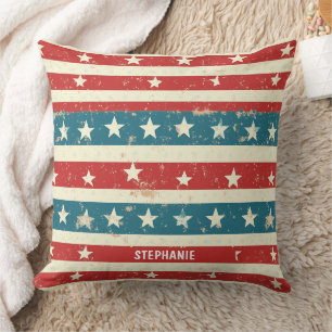 Vintage Red, White & Blue Stripes with Stars Throw Pillow