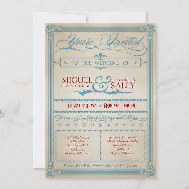 Vintage Red White & Blue Wedding Invitation (Front)