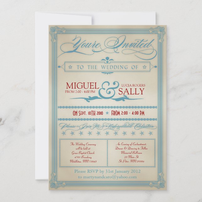 Vintage Red White & Blue Wedding Invitation (Front)
