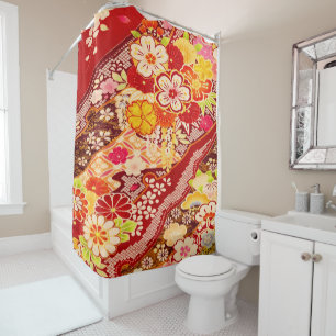 Vintage Red Yellow Japanese Kimono Floral Flower