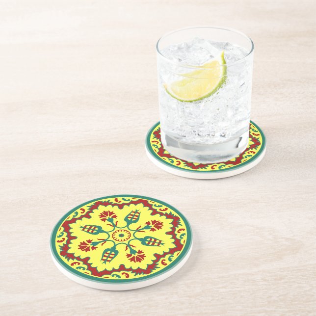 Vintage Red Yellow Ottoman Turkish Tulip Pattern Coaster (Side)
