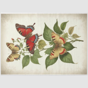Vintage Red Yellow Primitive Butterflies Decoupage Tissue Paper