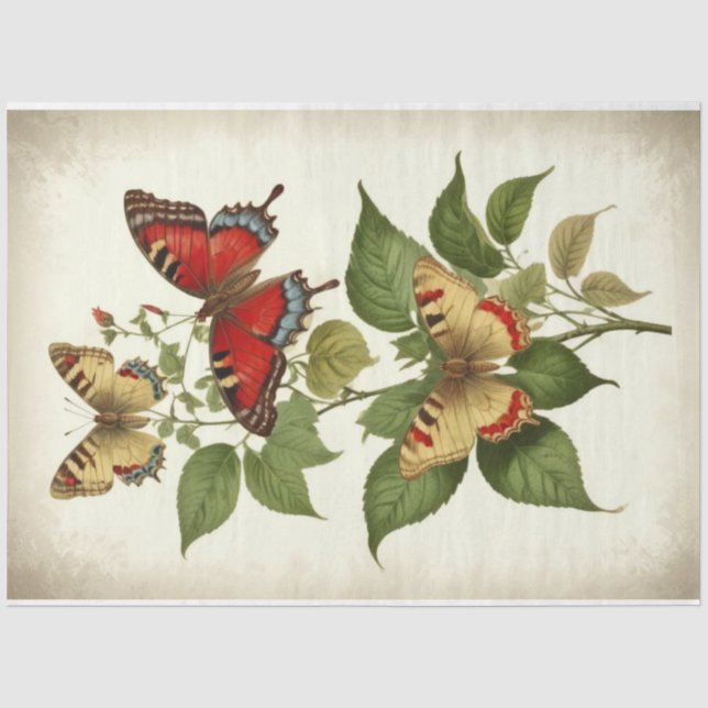 Vintage Red Yellow Primitive Butterflies Decoupage Tissue Paper (Front)