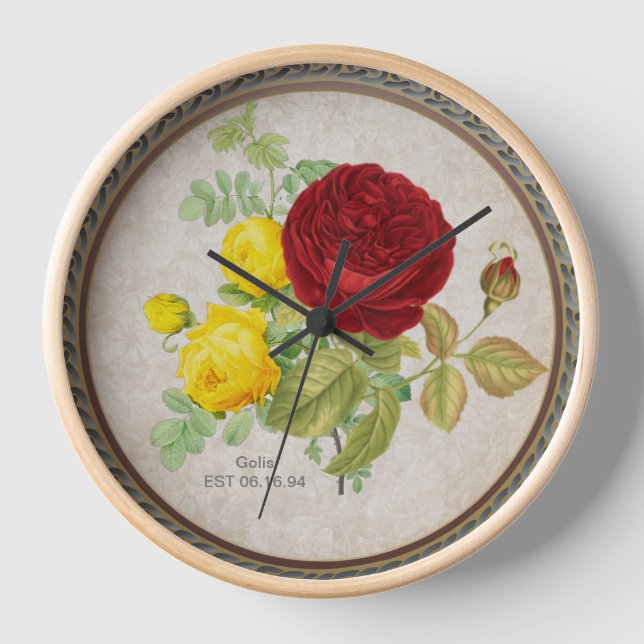 Vintage Red Yellow Rose Floral Wall Clock (Front)