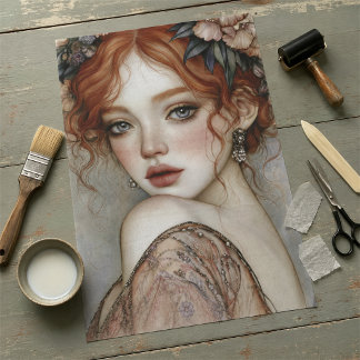 Vintage Redhead Floral Portrait Decoupage Tissue Paper