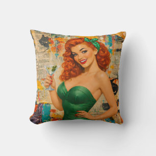 Vintage Redhead Pin-Up Martini Girl – Retro Glam Throw Pillow
