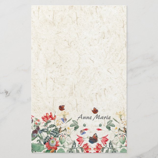 Vintage Redoute Garden Flower Butterfly Stationery (Front)