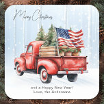 Vintage RedTruck USA Flag Patriotic Christmas  Square Sticker<br><div class="desc">Vintage Red Truck Christmas Cards Celebrate the Holidays with Patriotic Charm Spread joy and festive cheer this holiday season with our Vintage Red Truck Christmas Cards. Perfectly capturing the spirit of a rustic winter wonderland, these cards feature a charming red truck adorned with a Christmas tree in the back, set...</div>