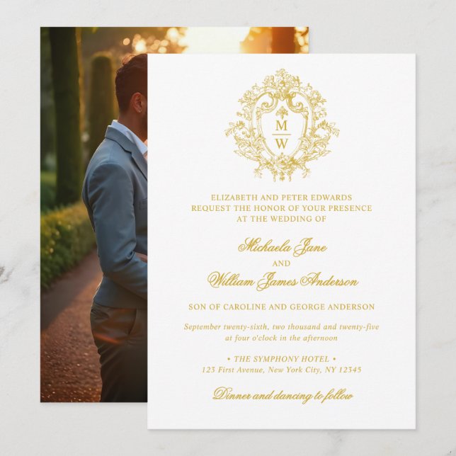 Vintage Regency Monogram Crest Photo Wedding Invitation (Front/Back)