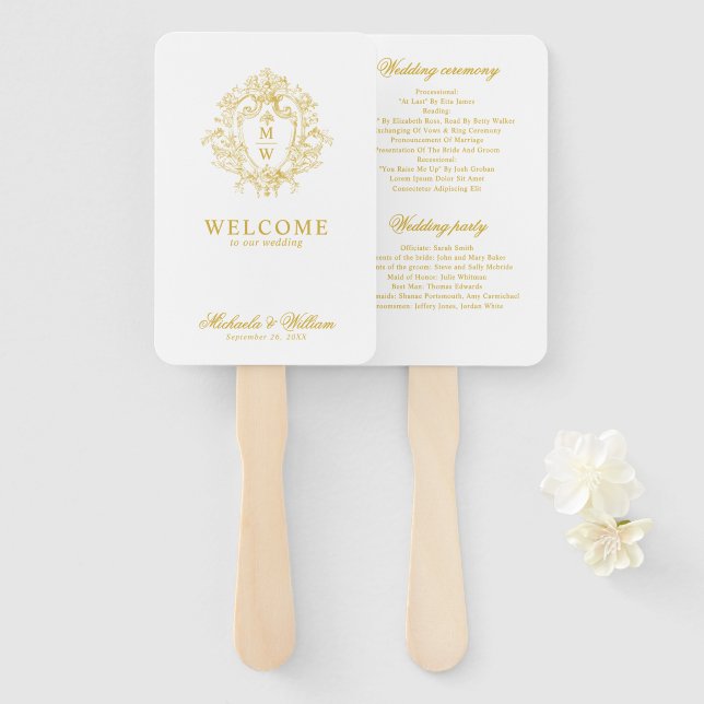 Vintage Regency Monogram Crest Wedding Program Hand Fan (Front and Back)