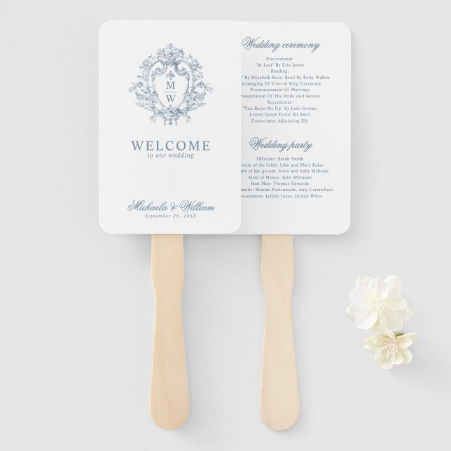Vintage Regency Monogram Crest Wedding Program Hand Fan (Front and Back)