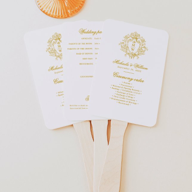 Vintage Regency Monogram Crest Wedding Program Hand Fan (Creator Uploaded)