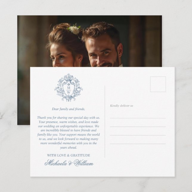 Vintage Regency Monogram Crest Wedding Thank You Postcard (Front/Back)