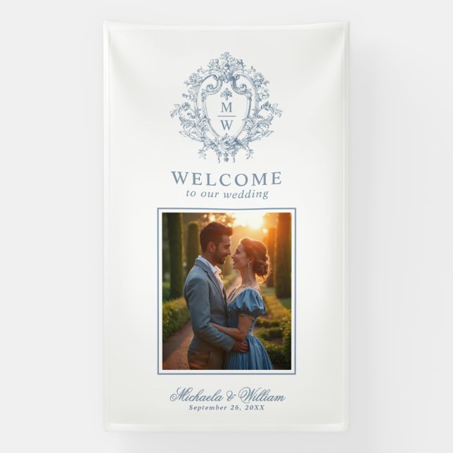 Vintage Regency Monogram Crest Wedding Welcome Banner (Vertical)