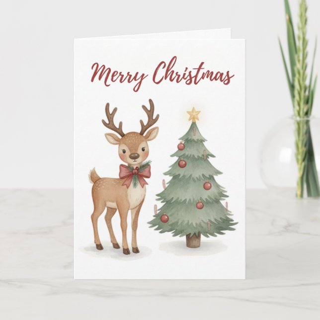 Vintage Reindeer and Christmas Tree Holiday Card (Front)
