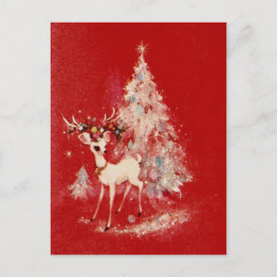 Vintage Reindeer And Christmas Tree Holiday Postcard