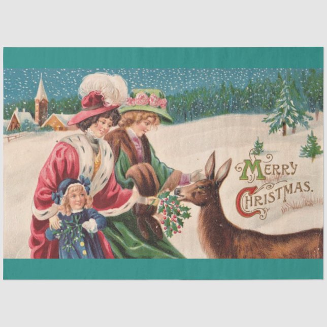 Vintage Reindeer And Snow Christmas Tissue Paper (Front)