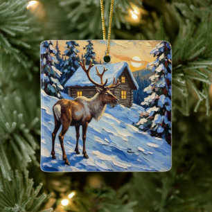 Vintage Reindeer by Snowy Cabin Christmas Painting Ceramic Ornament