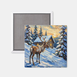 Vintage Reindeer by Snowy Cabin Christmas Painting Magnet
