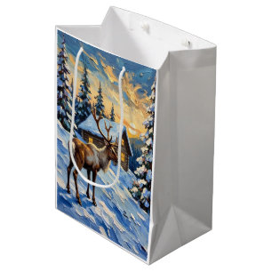 Vintage Reindeer by Snowy Cabin Christmas Painting Medium Gift Bag
