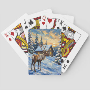 Vintage Reindeer by Snowy Cabin Christmas Painting Playing Cards
