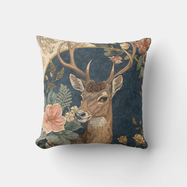 Vintage,  Reindeer Deer and Flowers Pattern Throw Pillow (Front)