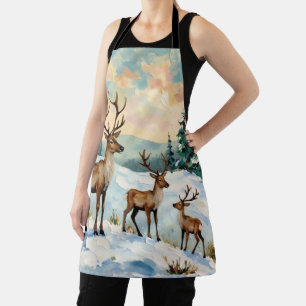 Vintage Reindeer Family Winter Meadow Painting Apron