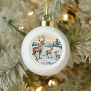 Vintage Reindeer Family Winter Meadow Painting Ceramic Ball Christmas Ornament