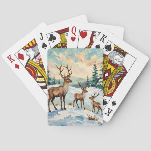 Vintage Reindeer Family Winter Meadow Painting Playing Cards