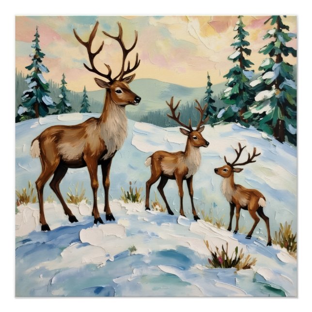 Vintage Reindeer Family Winter Meadow Painting Poster (Front)