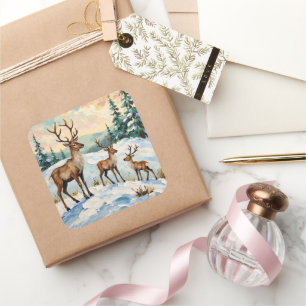 Vintage Reindeer Family Winter Meadow Painting Square Sticker