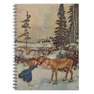 Vintage Reindeer Girl Winter Snow Scene Poster Notebook