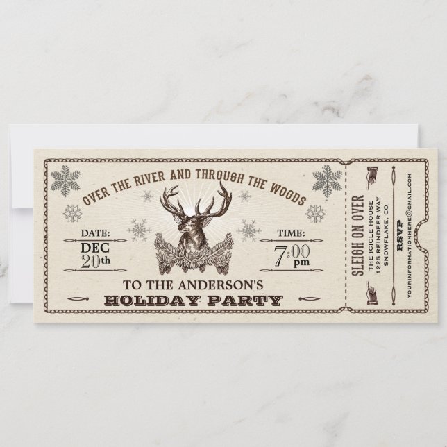 Vintage Reindeer Holiday Party Ticket Invitation (Front)