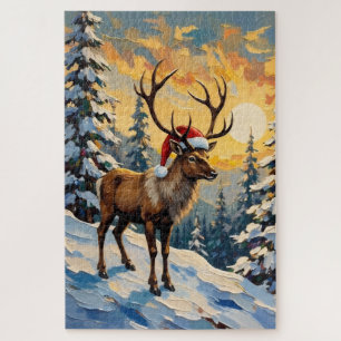 Vintage Reindeer with Santa Hat in Snowy Forest Jigsaw Puzzle