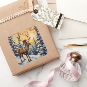 Vintage Reindeer with Santa Hat in Snowy Forest Square Sticker