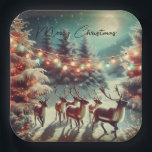 Vintage Reindeers and Christmas Lights   Paper Plate<br><div class="desc">Christmas Party paper plates with ai art depicting a beautiful watercolor rendition of reindeer running through the pine trees on Christmas Eve.</div>