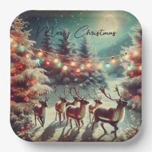 Vintage Reindeers and Christmas Lights   Paper Plate