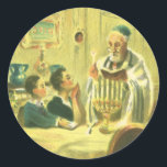 Vintage Religion, Judaism, Lighting the Menorah Classic Round Sticker<br><div class="desc">Vintage illustration religious judaica image featuring a Rabbi lighting the candles on a Menorah during Hanukkah with two children watching.</div>