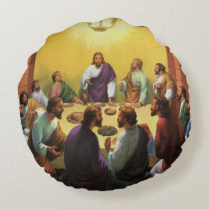 Vintage Religion, Last Supper with Jesus Christ Round Pillow