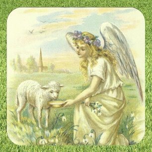 Vintage Religion, Victorian Easter Angel with Lamb Square Sticker