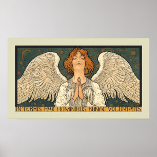 Vintage Religious Angel Praying with Gold Stars Poster