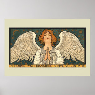 Vintage Religious Angel Praying with Gold Stars Poster