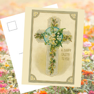 Vintage Religious Christian Easter Floral Cross Holiday Postcard