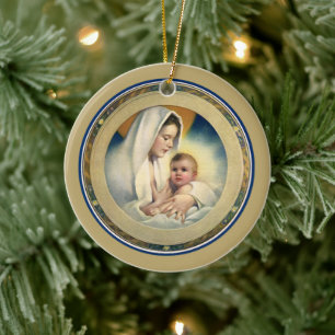 Vintage Religious Christmas, Madonna and Child Ceramic Ornament
